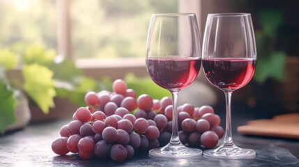 Wine and Grapes A still life of two wine glasses filled with red wine