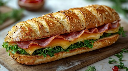 Freshly Prepared Ham and Cheese Submarine Sandwich - Powered by Adobe