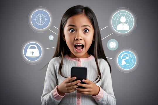 Astonished Girl Utilizing Mobile Device for Internet Safety Awareness