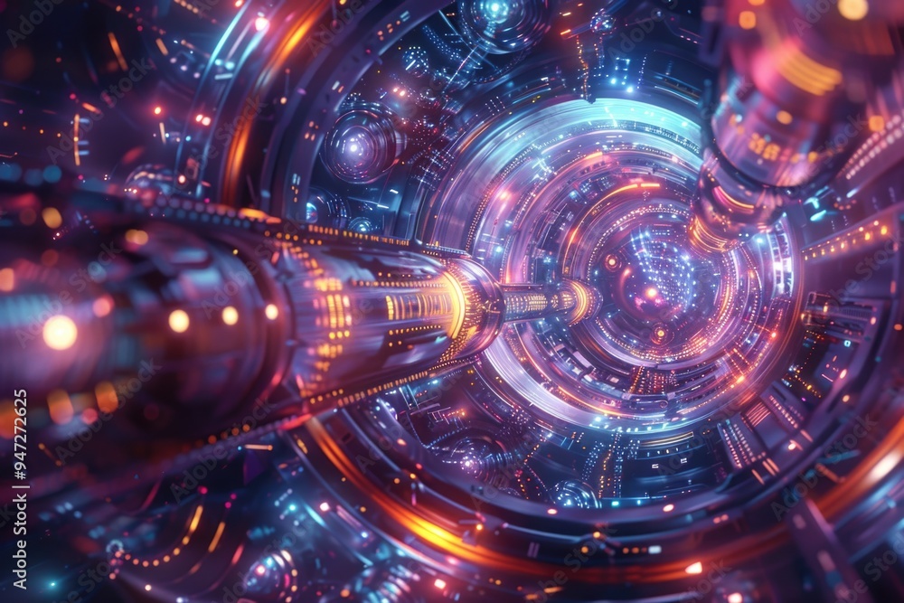 Poster a futuristic-looking tunnel filled with bright lights, great for use in sci-fi or futuristic-themed 