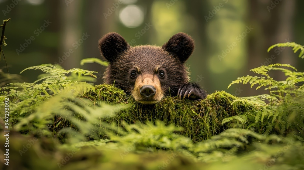 Sticker cute brown bear cub hiding in ferns in forest