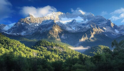 Majestic snow-capped mountains rise above a lush green forest, bathed in the golden light of sunrise.