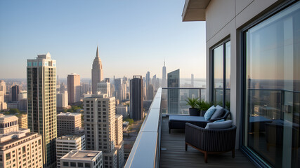 A Relaxing Balcony Retreat on a Tall Building, Offering Panoramic Views and Serene Atmosphere Above the Bustling City Below