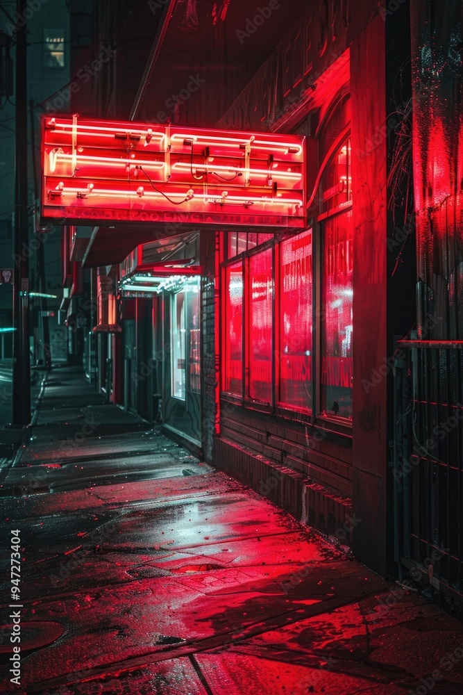 Poster a bright red neon sign adorns the side of a building, adding a pop of color to the urban landscape
