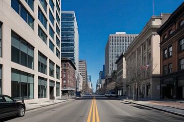 Fototapeta premium Empty Street Perspective of Urban Office Buildings in a City Landscape