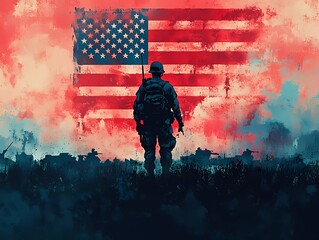 Veterans Day graphic material Patriotic American Flag and Military Memorabilia, American flag watercolor, Military boots silhouette, Soldier tribute