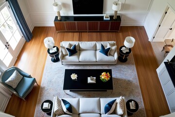 Elegant Living Room Overhead Perspective with Organized Console and Stylish Sofa