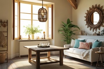Bright and Tranquil Interior Mock-Up with Rustic Wooden Table and Elegant Decor