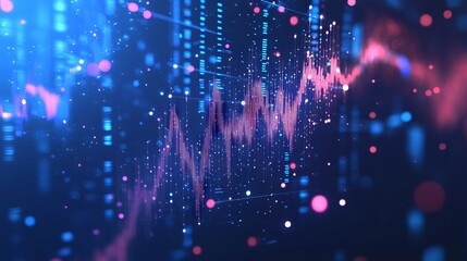 Obraz premium Stock market or trading graph chart on technology blue background. Forex Japanese candlesticks as holograms. Finance and trade concept. Exchange metaphor. Low poly abstract vector illustration. 