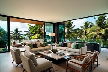 Fototapeta premium Stunning Modern Living Space with Tropical Views and Chic Interior Design