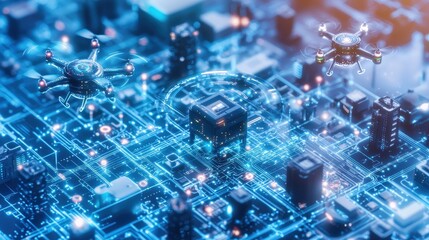 Futuristic Drone Cityscape with Glowing Circuitry