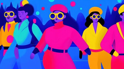 Fototapeta premium A colorful cartoon scene of a retro roller skating rink, with characters in funky outfits, groovy, cartoon, roller skating