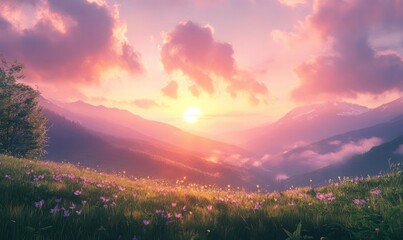 Obraz premium Pink sunset over a mountain range with a field of wildflowers in the foreground.