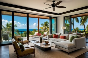 Contemporary Living Room Design Featuring Panoramic Window with Tropical Views