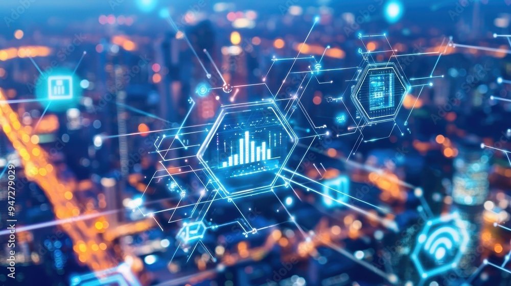 Aufkleber futuristic cityscape with digital network and data visualization