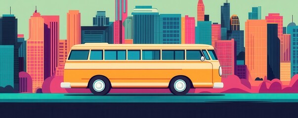 A retro cartoon bus driving through a colorful, groovy cityscape, groovy, cartoon bus, cityscape