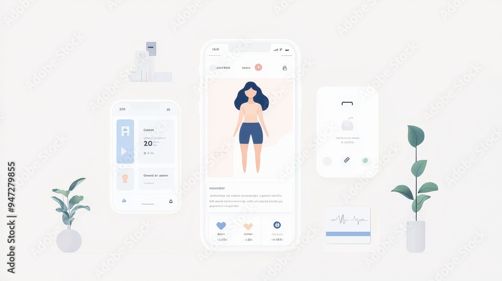 Aufkleber fitness app interface design with mobile phone mockup heart rate and user interface elements