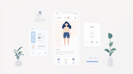 Fitness App Interface Design with Mobile Phone Mockup  Heart Rate  and User Interface Elements