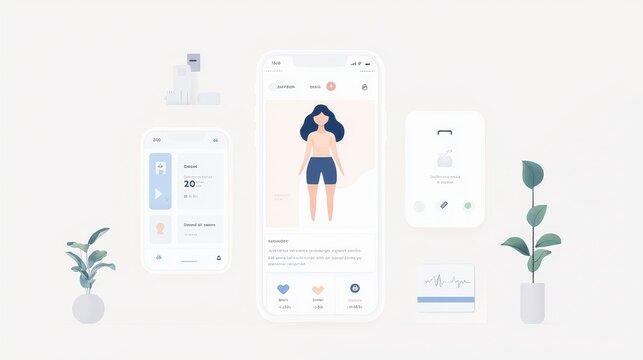 Fitness App Interface Design with Mobile Phone Mockup  Heart Rate  and User Interface Elements