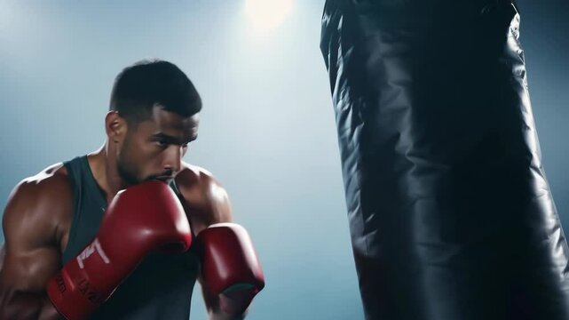 Confident sportsman executing powerful punches on boxing bag during vigorous workout