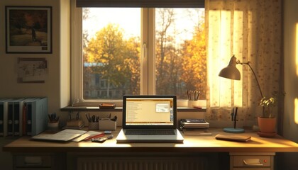 Fototapeta premium A laptop on a desk near a window with an autumnal view, a desk lamp, and a plant.