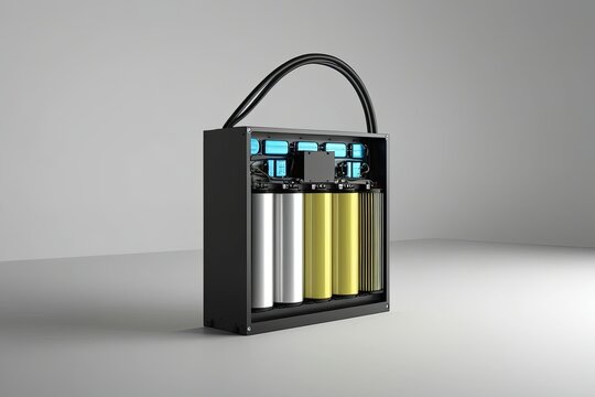 Compact Electric Vehicle Battery Module Featuring Solid-State Cells in Minimalist 3D Design on Pure White Background