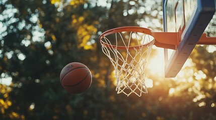 Fototapeta premium A basketball hangs in mid-air, about to go through the hoop on a sunny day.