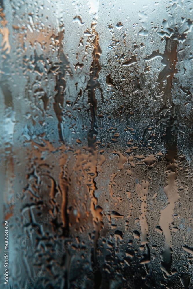 Poster a close-up shot of a window with rain pouring down