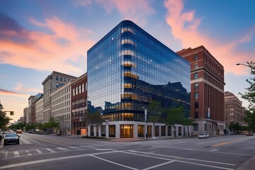 Stunning Urban Architecture Featuring Modern Office Buildings and Pristine Street Views