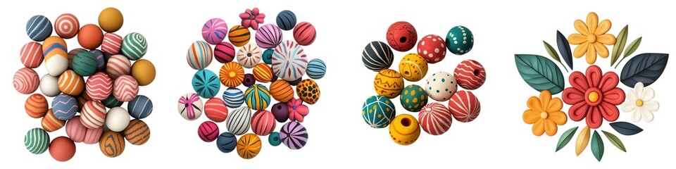 Fototapeta premium 4 Set Diwali decor, Colorful decorative beads in various patterns, Crafting or artistic projects, and enhancing creativity. Isolate white background set