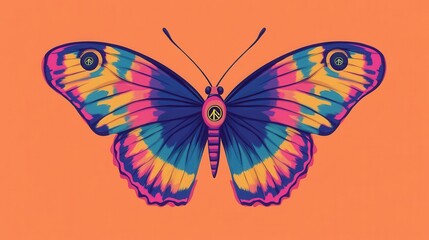 A funky cartoon of a butterfly with tie-dye wings and a peace sign pattern, groovy, cartoon butterfly, psychedelic