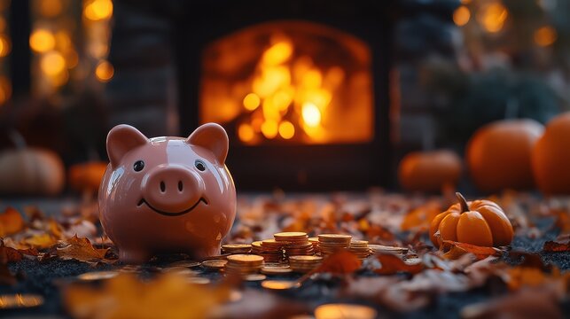 Smiling piggy bank with pumpkins near autumn fireplace