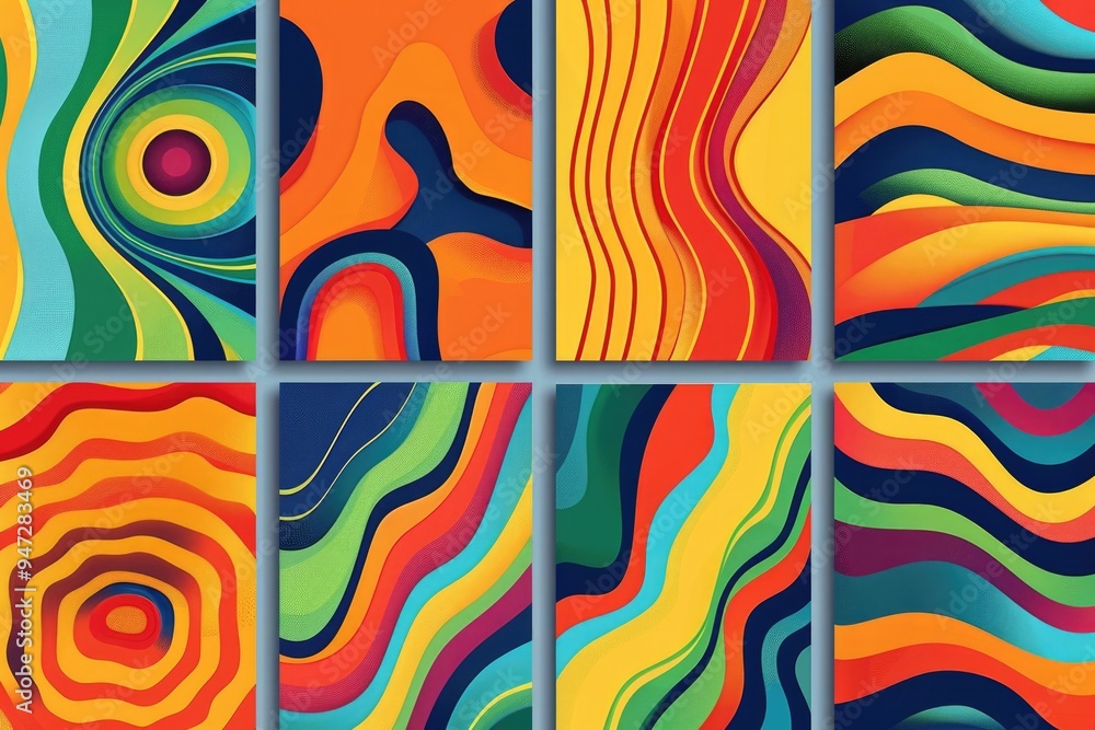 Poster Set of six vibrant and dynamic abstract backgrounds featuring geometric shapes and bold colors