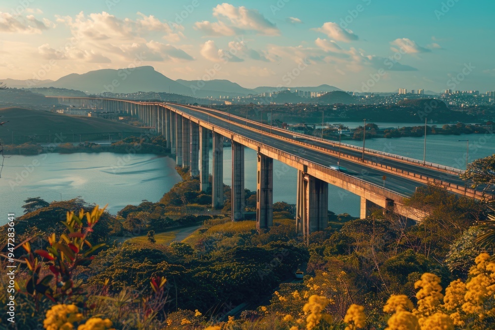 Poster a railway bridge spanning a river with a train crossing, ideal for transportation or infrastructure 