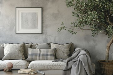A cozy living room with a couch and a tree inside, suitable for home decor or interior design projects