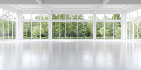 Fototapeta premium Modern White Interior with Large Windows and Green Trees View