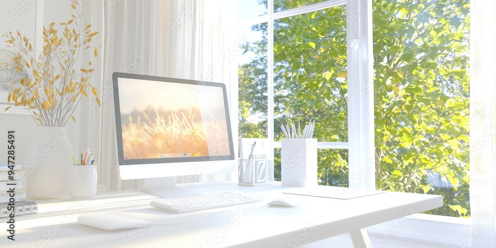 Poster modern home office desk with window view and computer