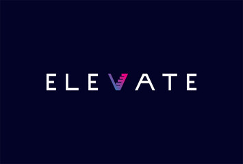 Elevate Logo, letter V with Stairs icon combination in text Elevate typography logo, vector illustration