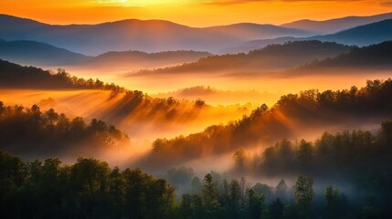 Obraz premium Golden rays of sunrise illuminate a misty valley with layered hills in the background.