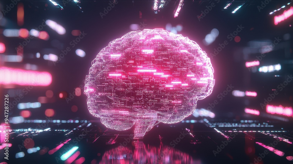 Poster abstract digital brain with neon lights and circuit board pattern