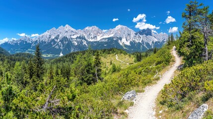 Fototapeta premium Hiking Trail Through Alpine Forest With Mountain View