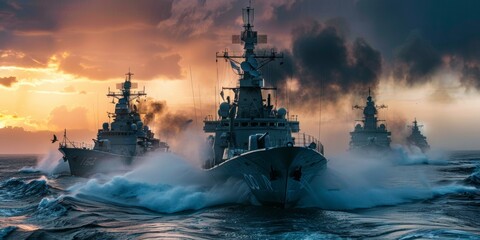 sea ​​war between countries, with high-tech warships, with bomb explosions and smoke in the middle of the sea