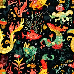 Seamless pattern of underwater kingdoms and mythical sea creatures