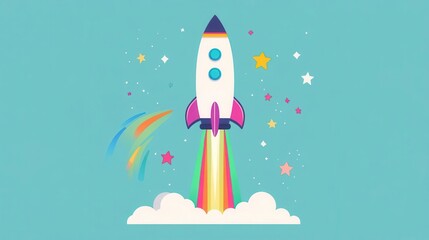 A funky cartoon rocket blasting off with rainbow trails and groovy stars, groovy, cartoon rocket, space