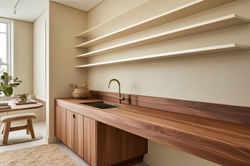 Elegant Wood Countertops and Clean Shelving in a Sandy Studio Office Space