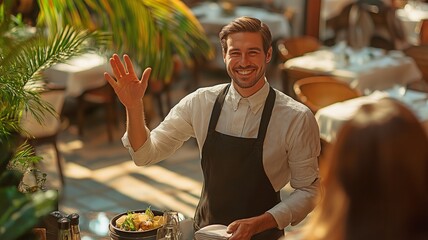 Professional waiter in a five-star restaurant waving and greeting customers
