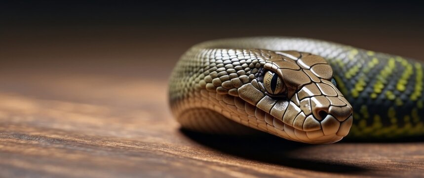 Close-up of a Green Tree Python's Head and Eye on a Wooden Surface