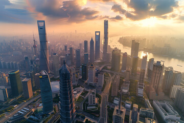 Fototapeta premium Aerial View of Skyscrapers in an Urban Cityscape
