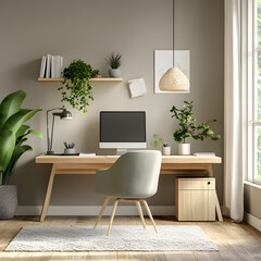 Modern Home Office with Green Plants and Minimalist Design