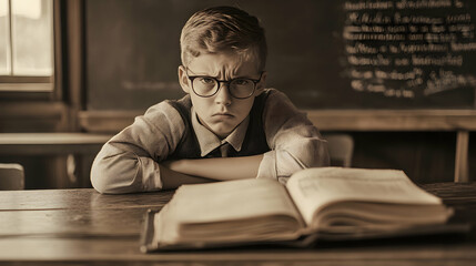 A frustrated student with glasses, sitting at an old-fashioned wooden desk in a vintage classroom, arms crossed, and showing signs of annoyance